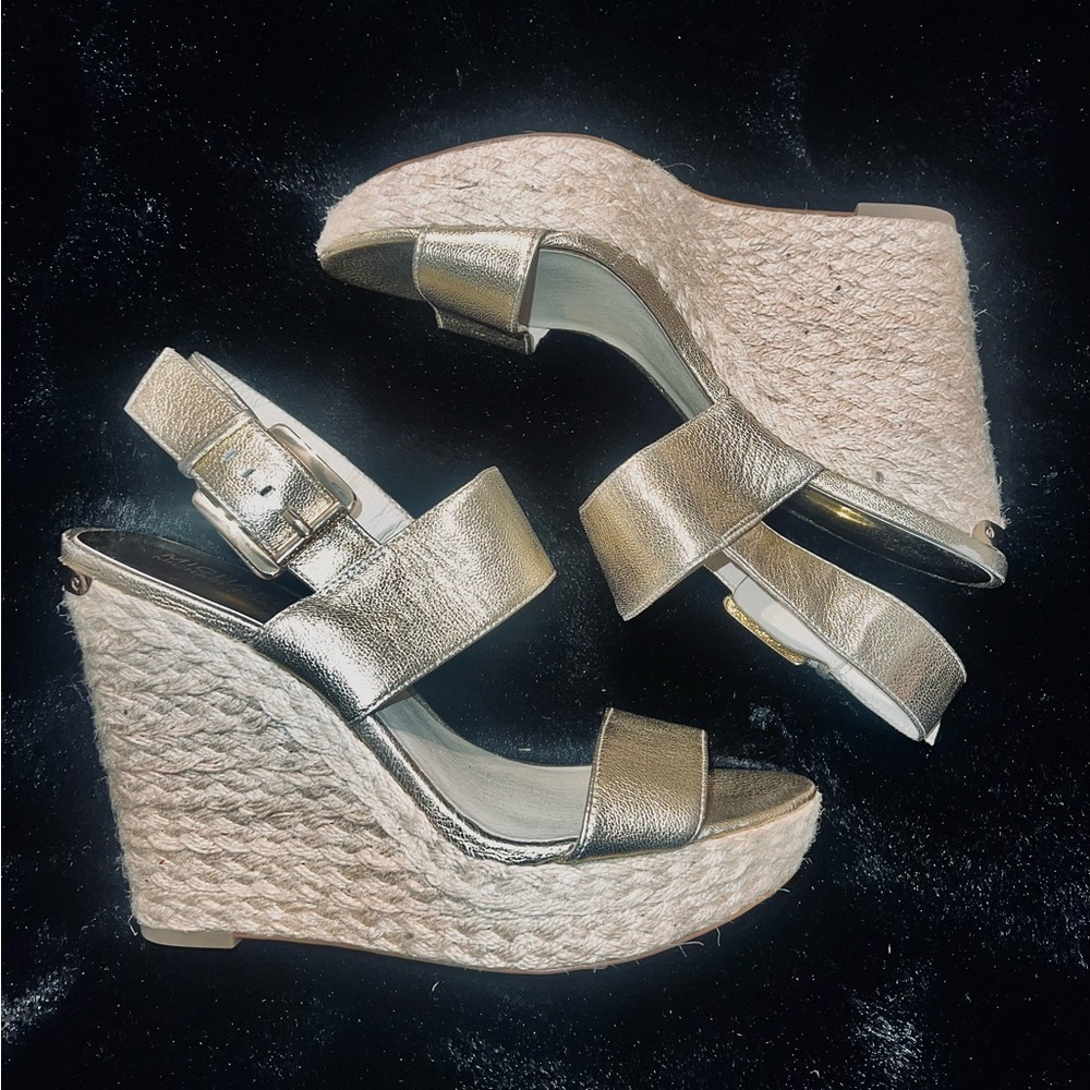 Michael Kors Pale Gold Metallic Wedge Sandals 8.5 M